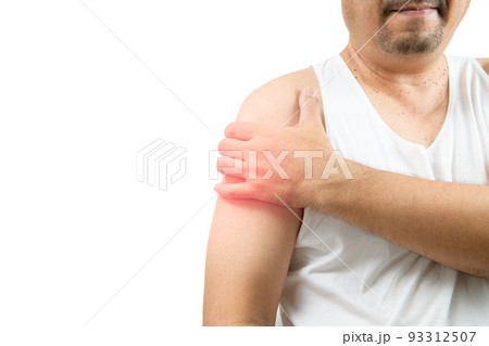 A middle aged man in white veat suffering from arm and shoulder pain isolated on white. 93312507