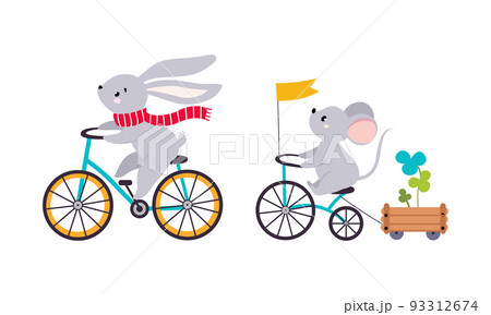 Cute baby animals enjoying ride. Funny bunny and mouse riding bikes cartoon vector illustration Cute baby animals enjoying ride. Funny bunny and mouse riding bikes cartoon vector illustration 93312674