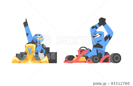Racing driver in uniform celebrating victory set. Professional racer in uniform sitting in race car cartoon vector illustration 93312760
