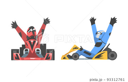 Professional racing driver celebrating victory while sitting in race car set cartoon vector illustration 93312761
