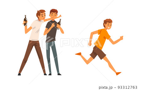 Walking people set. Men performing various activities outdoors cartoon vector illustratio 93312763