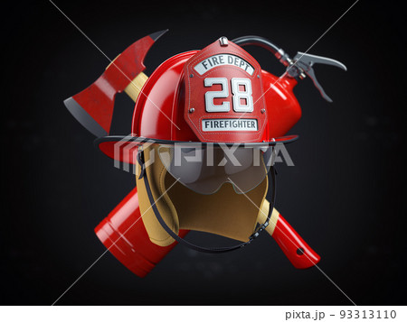 Fire Deprtment Emblem. Firefighter badge on a helmet with fire extinguisher and axe. Fire Deprtment Emblem. Firefighter badge on a helmet with fire extinguisher and axe. 93313110