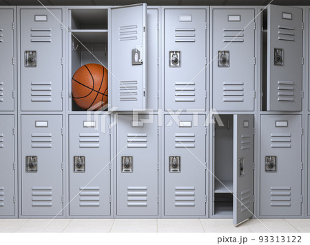 School or gym locker room with small lockers box insuficient for basketball ball. 93313122