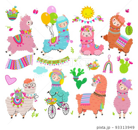 Llama with cactus mexican decorations. Cartoon alpaca from peru or chile, peruvian fluffy animals. Peruvian mascots, cute kids stickers nowaday vector set Llama with cactus mexican decorations. Cartoon alpaca from peru or chile, peruvian fluffy animals. Peruvian mascots, cute kids stickers nowaday vector set 93313949