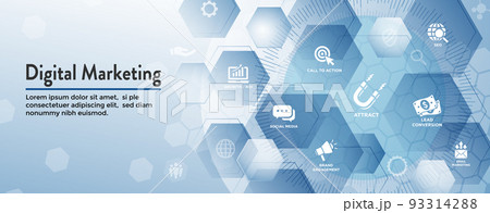 Digital Inbound Marketing Web Banner with Vector Icons w CTA, Growth, SEO, etc 93314288