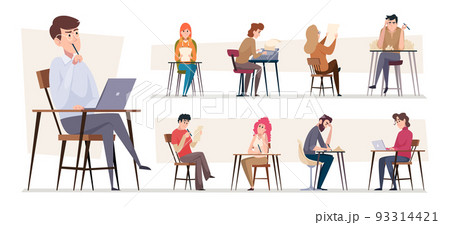 Writers. Bloggers freelancers working at laptop and writing books exact vector illustrations in cartoon style 93314421