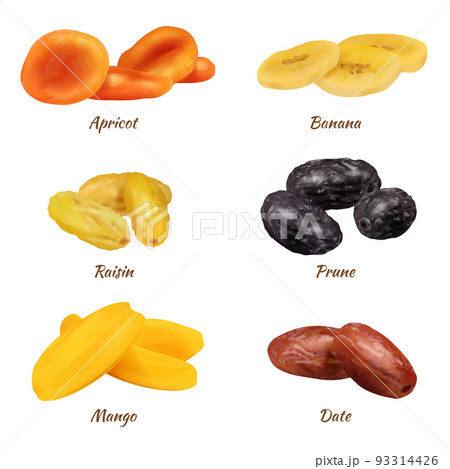 Drying fruits. Vegetarian natural food with vitamins apricots figs apples prune raisins decent vector realistic templates Drying fruits. Vegetarian natural food with vitamins apricots figs apples prune raisins decent vector realistic templates 93314426