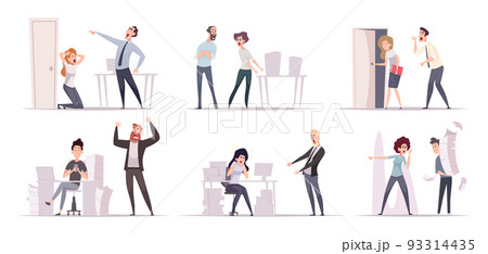 Aggressive businessman. Angry office managers screaming boss fires subordinates exact vector business people Aggressive businessman. Angry office managers screaming boss fires subordinates exact vector business people 93314435
