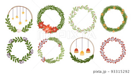 Christmas wreath fir tree branches and berries. Round evergreen party decor, xmas advent and new year festive home decorations. Winter retro racy vector graphic 93315292