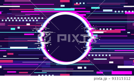 Glitch digital background. Dark television banner with circle destroyed frame. Games graphic, colorful tv glowing screen. Cyberpunk noise racy vector element 93315312