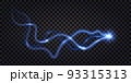 Electric discharge effect;  blue electrical glowing with shock light flash. Swirl line wire power cable,  clash explosion. Modern technology . Isolated on transparent background, vector illustration 93315313