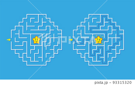 Labyrinth game way. Maze sector with confusing path. Puzzle location, explore and finding gift. Cartoon smile star, square quiz kids tidy vector play 93315320