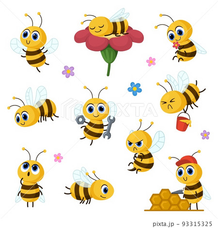 Cute cartoon bee. Honey and bees child characters serie. Honeybee funny working, happy awesome mascot insect flying and dream with flower, garish vector animal 93315325
