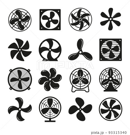 Cooling fan icons. Small fan cold, industrial ventilation icon. Electric blade, computers ventilator hardware or air turbine. Propellers tidy vector symbols 93315340