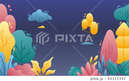 Flat minimal landscape. Abstract tree and bushes, colorful nature elements background. Simple fantasy graphic, purple swanky vector banner 93315342