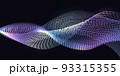 Nano wave lines with dot particles pattern. Abstract synergy waves, dynamic swirl curves. Glow light effect, purple on black background. Data science, nano technology. Vector illustration. 93315355