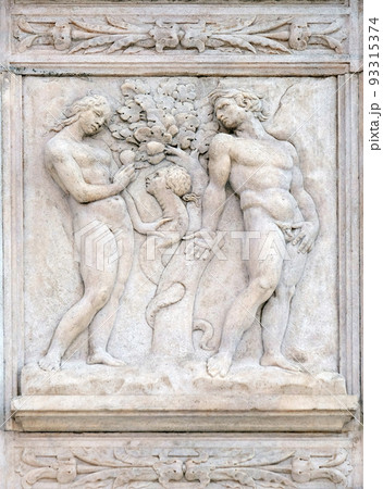 Temptation, Genesis relief on portal of Saint Petronius Basilica in Bologna, Italy 93315374