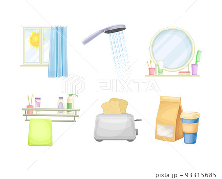 Good Morning Symbol and Attribute with Shining Sun in Window, Shower Head, Bathroom Mirror, Breakfast and Toaster with Bread Vector Set Good Morning Symbol and Attribute with Shining Sun in Window, Shower Head, Bathroom Mirror, Breakfast and Toaster with Bread Vector Set 93315685