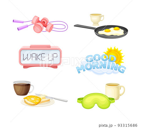 Good Morning Symbol and Attribute with Alarm Clock, Breakfast Meal, Coffee and Dumbbells Vector Set 93315686