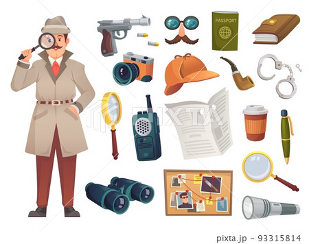 Private detective equipment. Cartoon inspector tools, investigator equipments for investigation case detectice evidence, spying elements sherlock icon ingenious vector illustration 93315814
