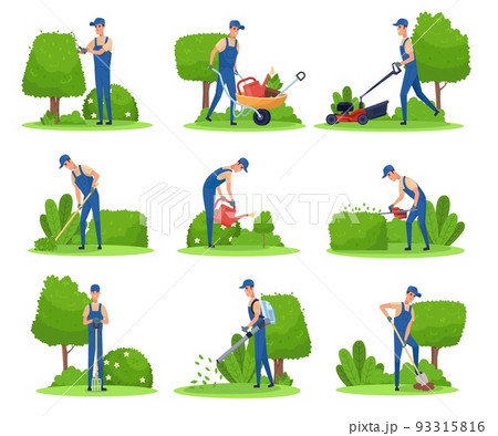 Gardener maintenance backyard. Man pruning garden hedge plant, trim tree care jardin cutting grass lawn mower garden landscape worker with wheelbarrow Gardener maintenance backyard. Man pruning garden hedge plant, trim tree care jardin cutting grass lawn mower garden landscape worker with wheelbarrow 93315816