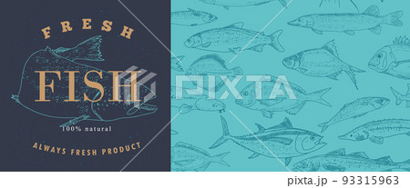 Fish label with seamless pattern 93315963
