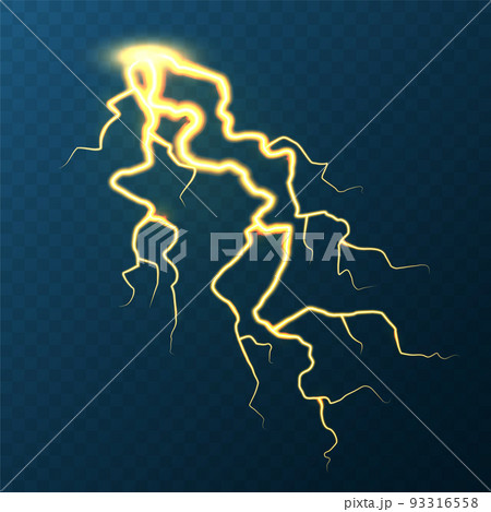 Realistic colorful lightning on blue background. Thunderstorm and lightning bolt. Sparks of light. Stormy weather effect. Vector illustration Realistic colorful lightning on blue background. Thunderstorm and lightning bolt. Sparks of light. Stormy weather effect. Vector illustration 93316558