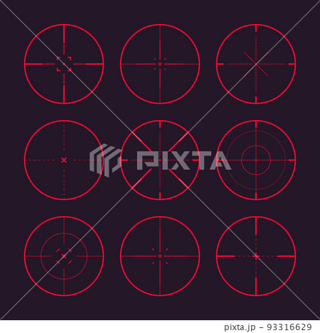 Various sniper rifle night sights, weapon optical scope crosshair. Hunting gun red viewfinder. Shooting mark symbol, aim. Military target sign. Game interface UI element. Vector illustration 93316629