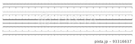 Various measurement scales with divisions. Realistic long scale for measuring length or height in centimeters, millimeters or inches. Ruler, tape measure marks, size indicators. Vector illustration 93316637