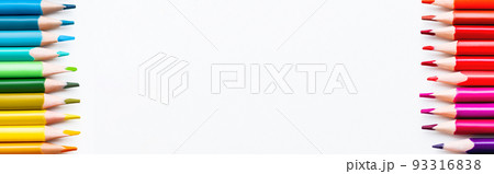 Rows of colored pencils on white background. School supplies with copy space on white background. Top view on kid's stationery. Back to school backdrop. 93316838