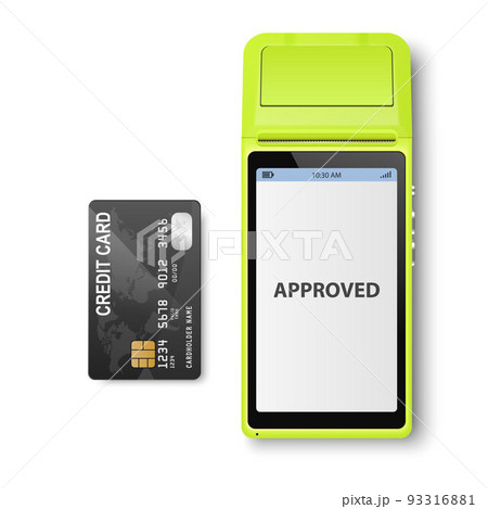 Vector 3d NFC Payment Machine with Approved Status and Credit Card Isolated. Wi-fi, Wireless Payment. POS Terminal, Machine Design Template of Bank Payment Contactless Terminal, Mockup. Top VIew Vector 3d NFC Payment Machine with Approved Status and Credit Card Isolated. Wi-fi, Wireless Payment. POS Terminal, Machine Design Template of Bank Payment Contactless Terminal, Mockup. Top VIew 93316881