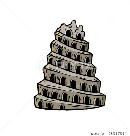 Tower of Babel. Ancient city Babylon of Mesopotamia and Iraq. Biblical story. Sumerian civilization. History and archaeology. Hand drawn sketch 93317314