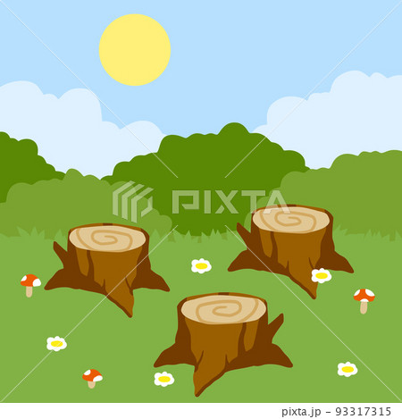 Stump in forest meadow. Green field with grass. Background for child drawing. 93317315