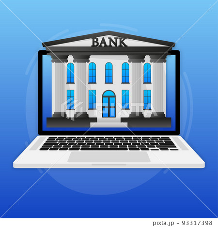 Bank building. Online banking. Money exchange, financial services, ATM. Vector stock illustration. 93317398