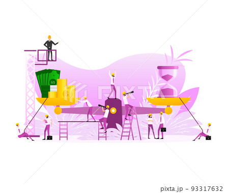 Time is money on scales icon. Flat people. Money and time balance on scale Time is money on scales icon. Flat people. Money and time balance on scale 93317632