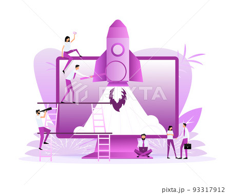 Poster with rocket people. Startup company launch concept, flat tiny person vector illustration 93317912