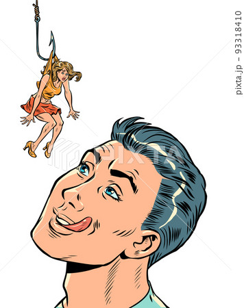 man and woman, temptation. Lure trap people on a fishing hook. Dangerous love man and woman, temptation. Lure trap people on a fishing hook. Dangerous love 93318410