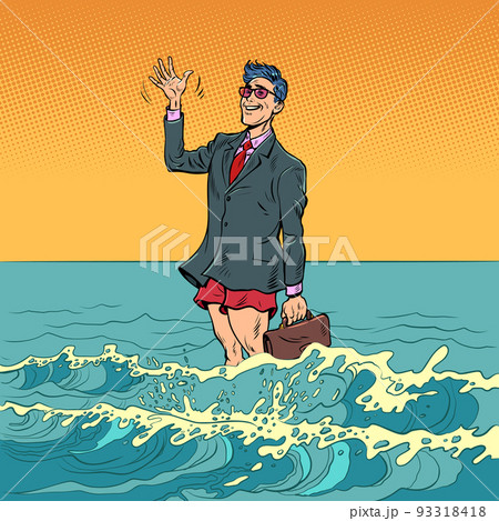 Businessman on vacation. A man stands half in swimming trunks and half in a suit in the ocean water. resort on the sea Businessman on vacation. A man stands half in swimming trunks and half in a suit in the ocean water. resort on the sea 93318418