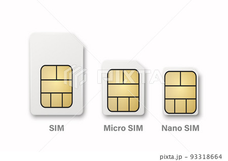 Vector 3d Realistic White Plastic Sim, Micro Sim, Nano Sim Card Template Set Isolated. Design Template of Sim Card for Mockup, Branding. Top View 93318664