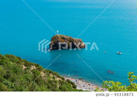 Cape crimea fiolent beautiful cross rock crimean sevastopol sea travel, from shore sky from scenery and stone mountain, adventure seashore. Panoramic europe horizon, Cape crimea fiolent beautiful cross rock crimean sevastopol sea travel, from shore sky from scenery and stone mountain, adventure seashore. Panoramic europe horizon, 93318873