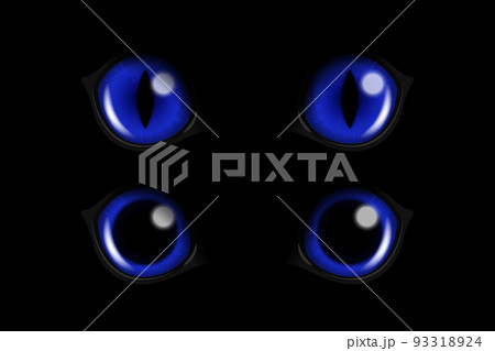 Vector 3d Realistic Blue Round Glowing Cats Eyes of a Black Cat Set. Cat Look in the Dark Black Background Closeup. Glowing Cat or Panther Eyes Vector 3d Realistic Blue Round Glowing Cats Eyes of a Black Cat Set. Cat Look in the Dark Black Background Closeup. Glowing Cat or Panther Eyes 93318924