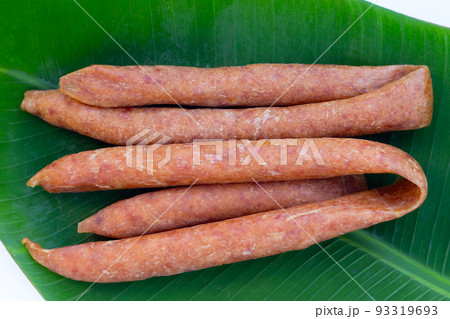 Chinese sausage on banana leaf Chinese sausage on banana leaf 93319693