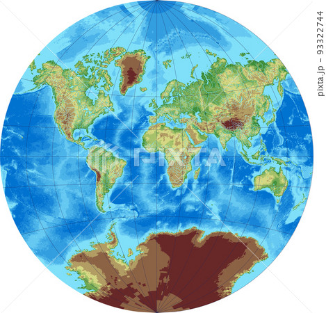 Vector pixelated topographic world map Van der Grinten projection Vector pixelated topographic world map Van der Grinten projection 93322744