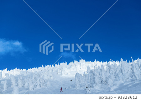 白銀世界の山形蔵王の樹氷とスキー場ゲレンデ 93323612