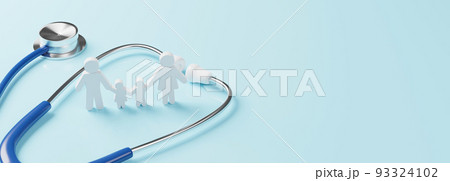 Top view of medical stethoscope and icon family on cyan background. Health care insurance concept. 3d rendering 93324102