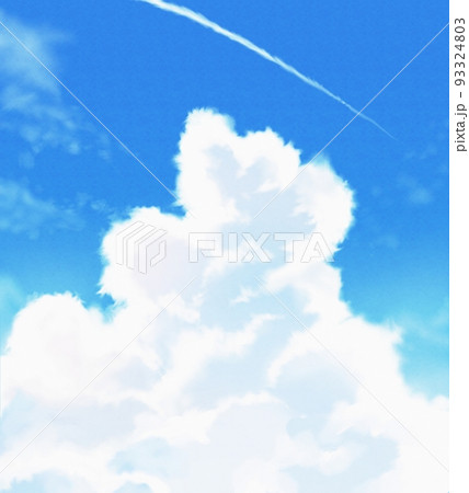 夏の青空入道雲と飛行機雲のイラストのイラスト素材