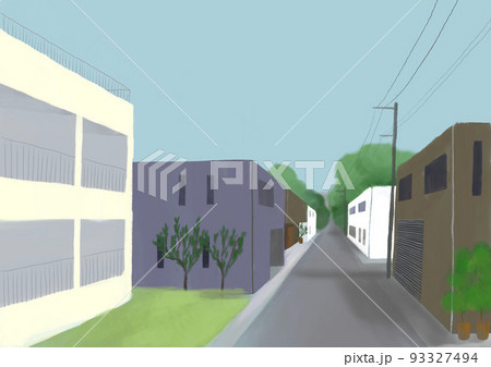 集合住宅や一戸建てが並ぶ住宅街の街並みのイラスト 93327494