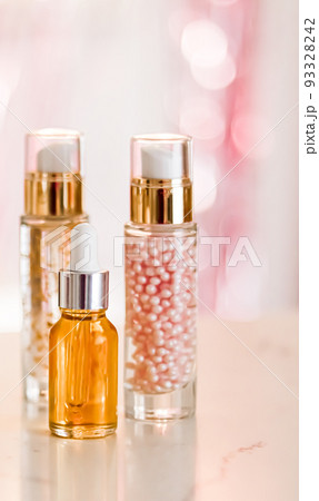 Skincare cosmetics products on glamour background, glass bottles with serum, oil, face cream moisturiser, facial lotion, cleanser as skin care cosmetic set on glossy marble, body care routine and 93328242