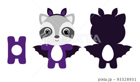 Cute die cut Halloween raccoon chocolate egg holder template. Cartoon animal character in a bat costume. Retail paper box for the easter egg. Printable color scheme. Vector stock illustration 93328931