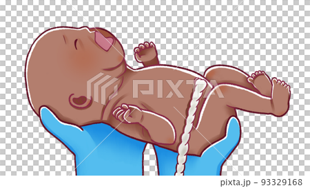 Illustration of the moment of childbirth A baby with an umbilical cord 93329168